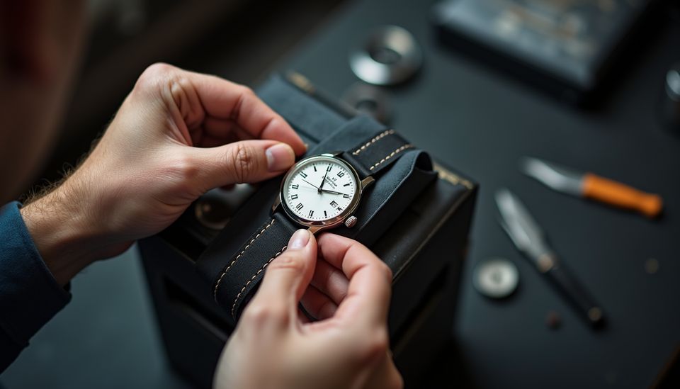 Uhrmacher prüft auf Augenhöhe eine Armbanduhr bei der Reparatur