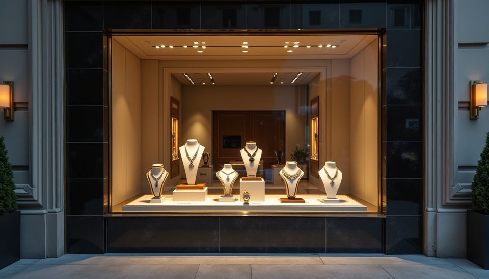 Beleuchtetes Schaufenster eines Juweliergeschäfts mit Uhren und Schmuck